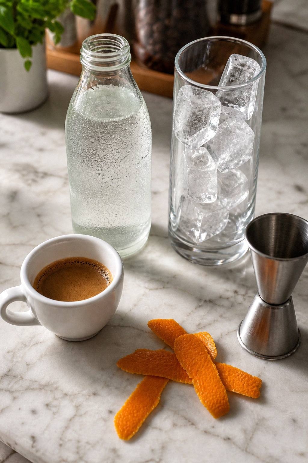 three espresso tonic variations in tall glasses with orange peel rosemary sprig and elderflower cordial bottle nearby