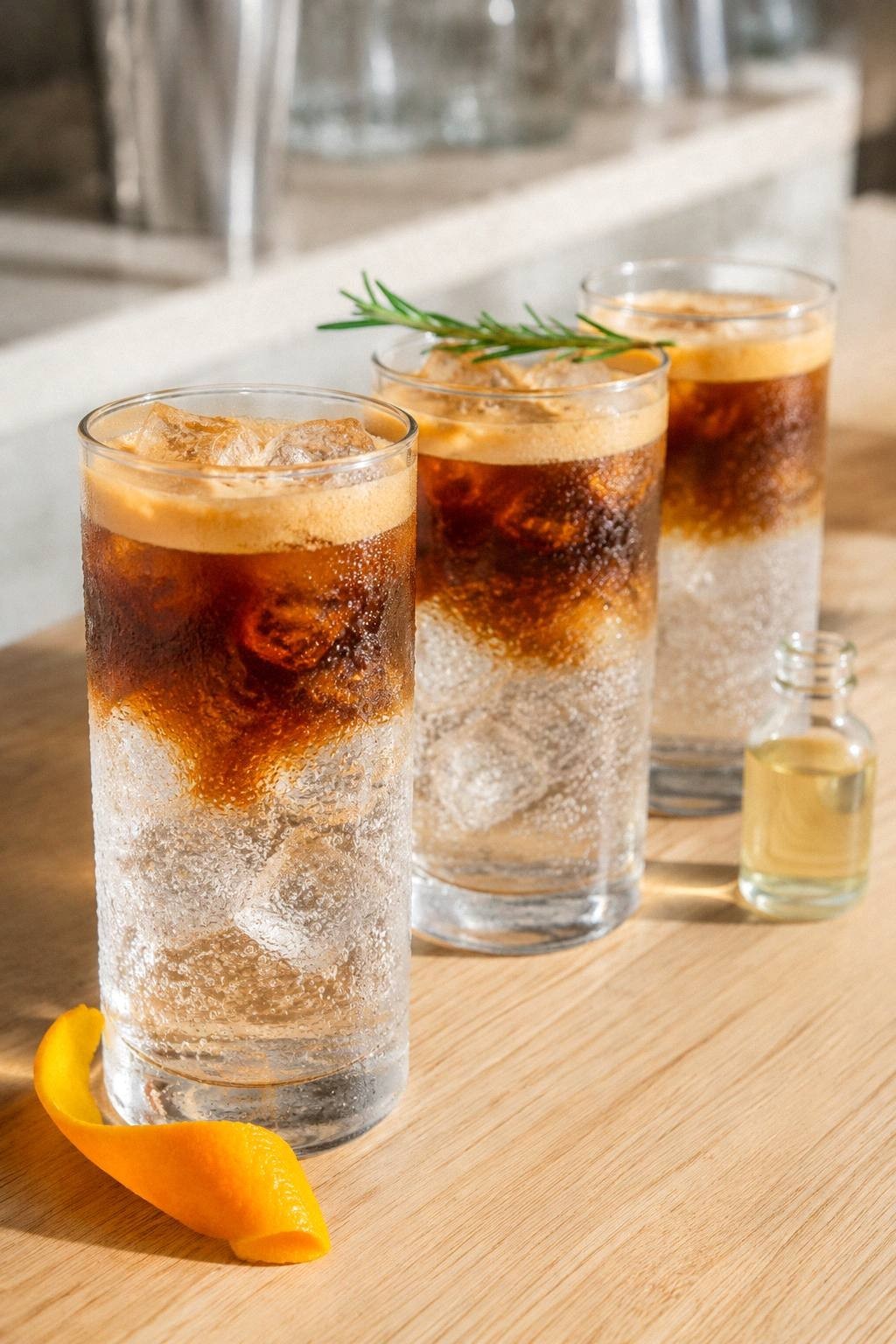 finished espresso tonic on a marble counter with dark espresso layer settling into clear bubbling tonic over ice