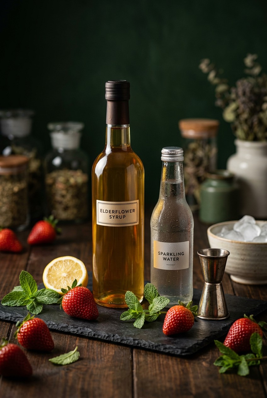 Fresh strawberries, elderflower syrup, mint leaves, and sparkling water arranged on marble counter for spring mocktail preparation