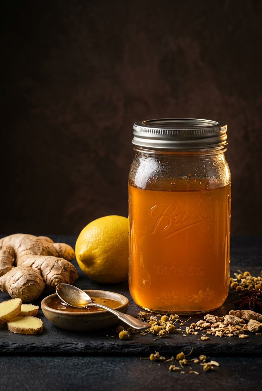 Glass jar of homemade ginger syrup next to fresh ginger root, honey, and lemon for non-alcoholic drink recipes