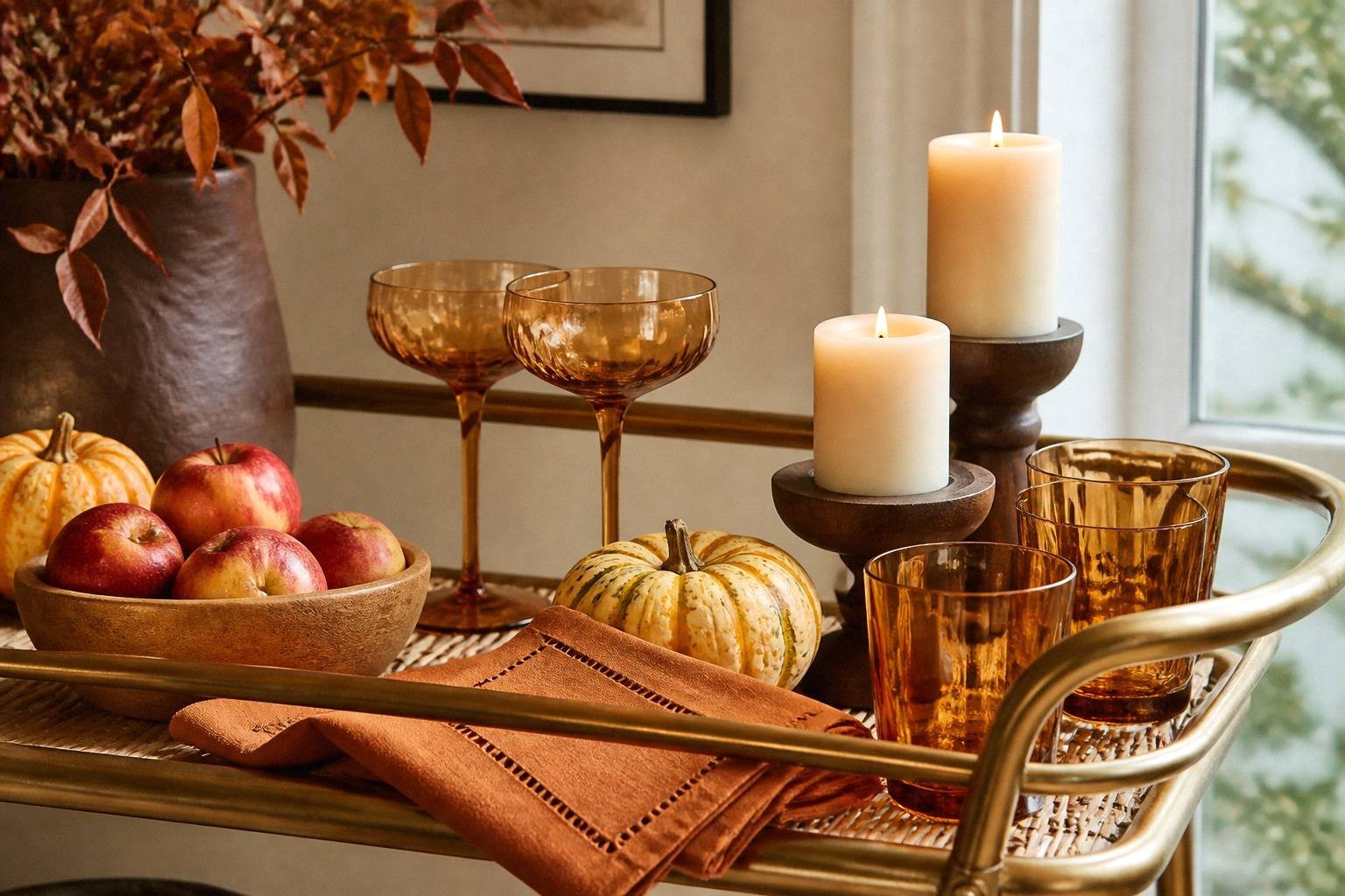Hands removing bright citrus garnishes and tropical items from a bar cart while bourbon and glassware remain