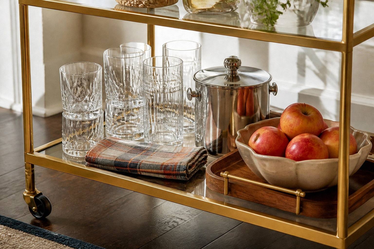 Bourbon, aged rum, and coffee liqueur bottles arranged by height with amber tones grouped together on cart shelf