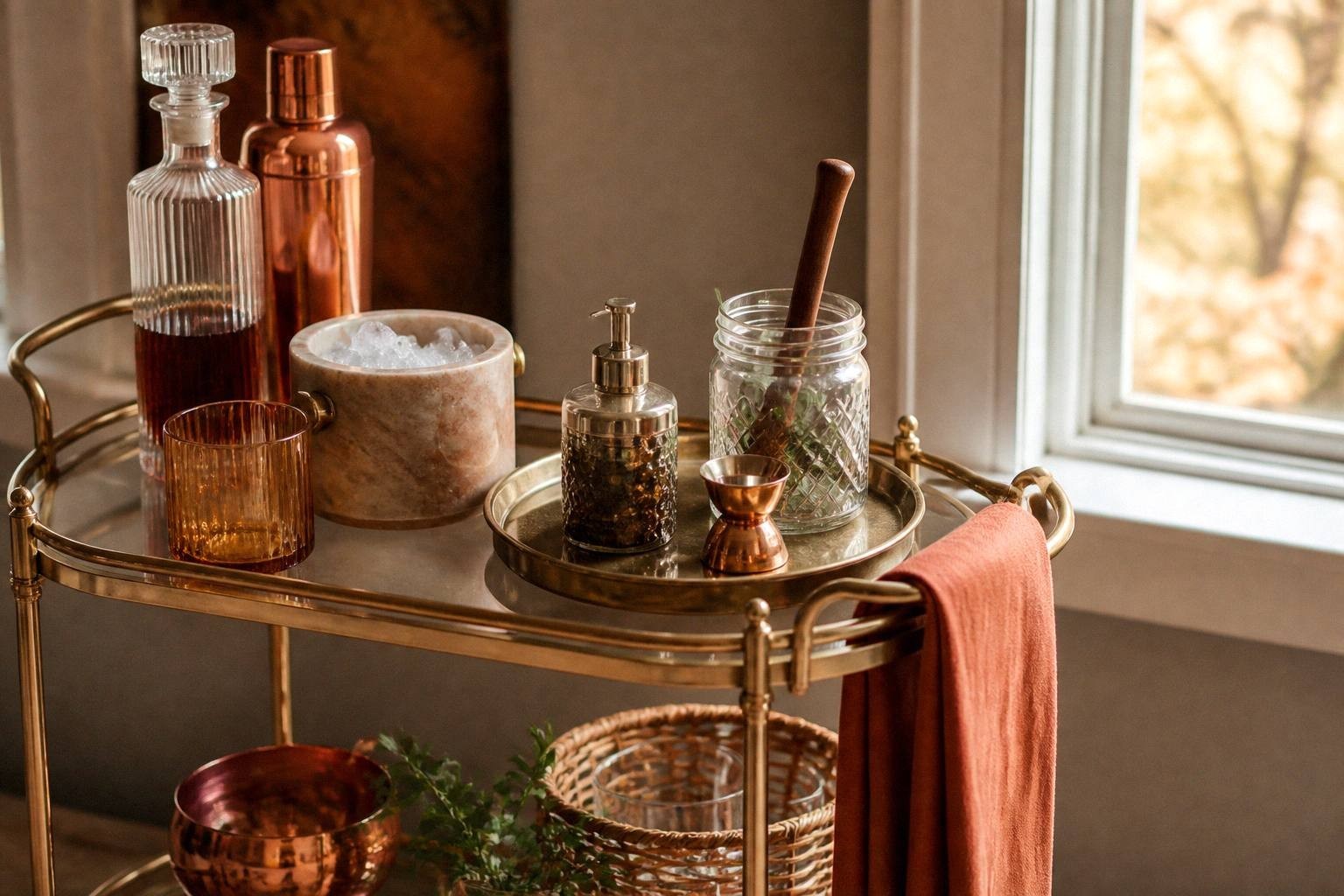 Person reaching for cocktail shaker on fall-styled bar cart with dried wheat and candle in back corner