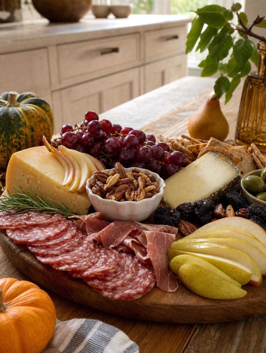 aged cheddar, hard salami, sliced apples, pears, and walnuts arranged on wooden board at room temperature