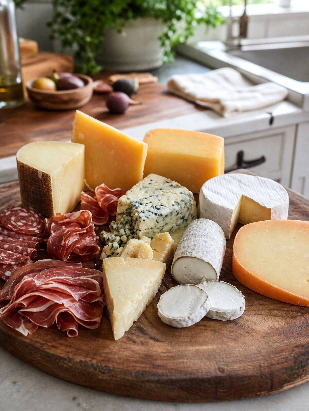 hands placing cheese wedges on wooden board with charcuterie meats, nuts, and small bowls nearby waiting to be arranged