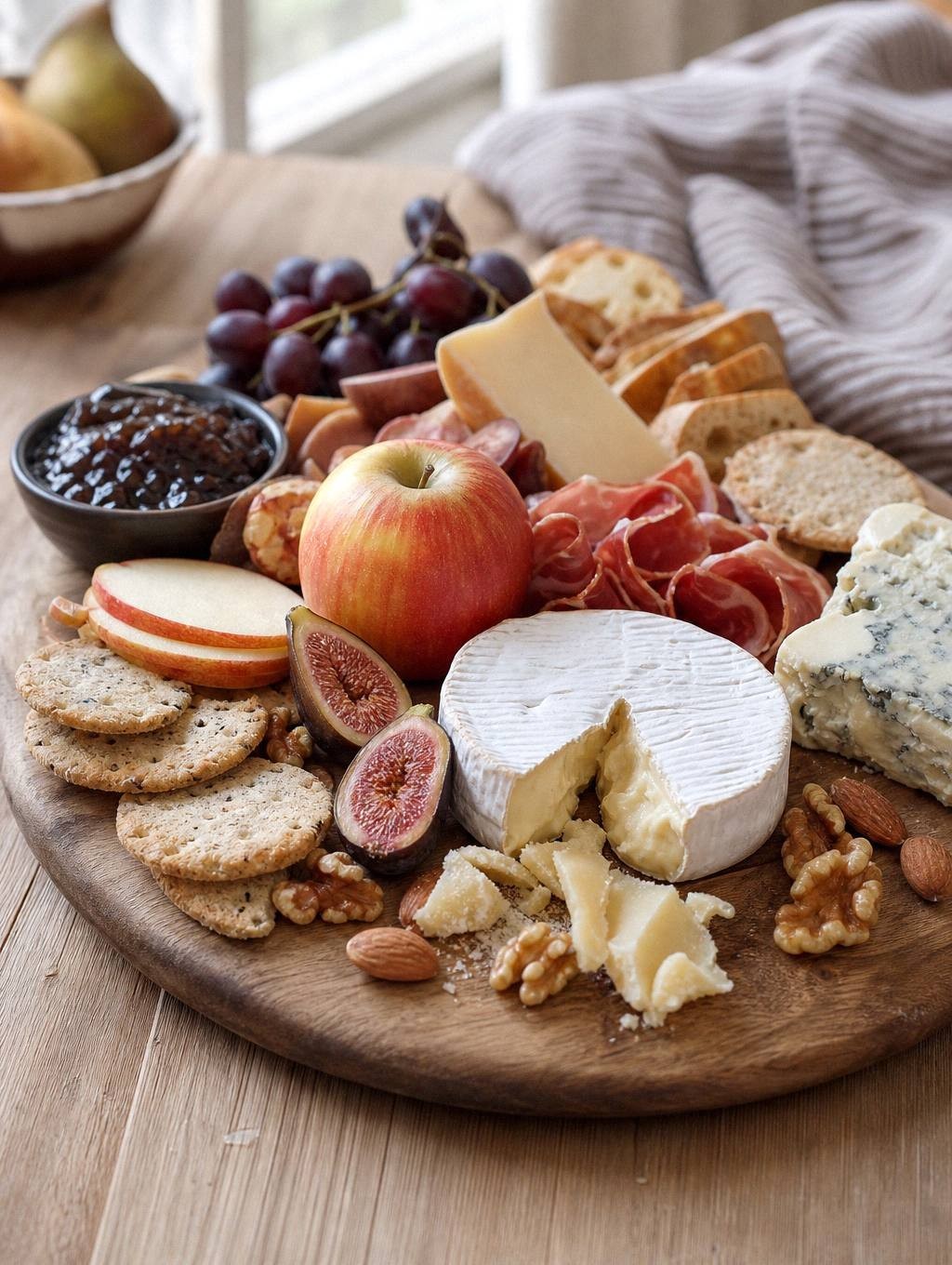 cheese wedge sitting at room temperature on wooden board next to sliced apples and crackers ready to serve