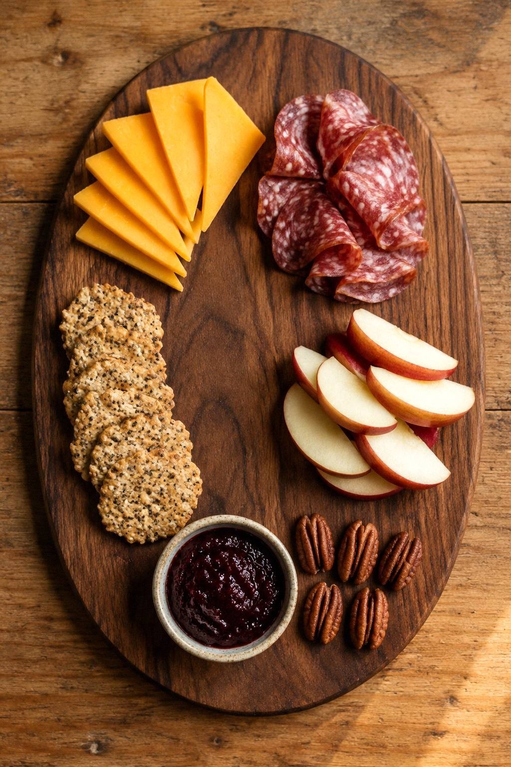 Overhead view of five clearly separated fall charcuterie groups with visible walnut board between them