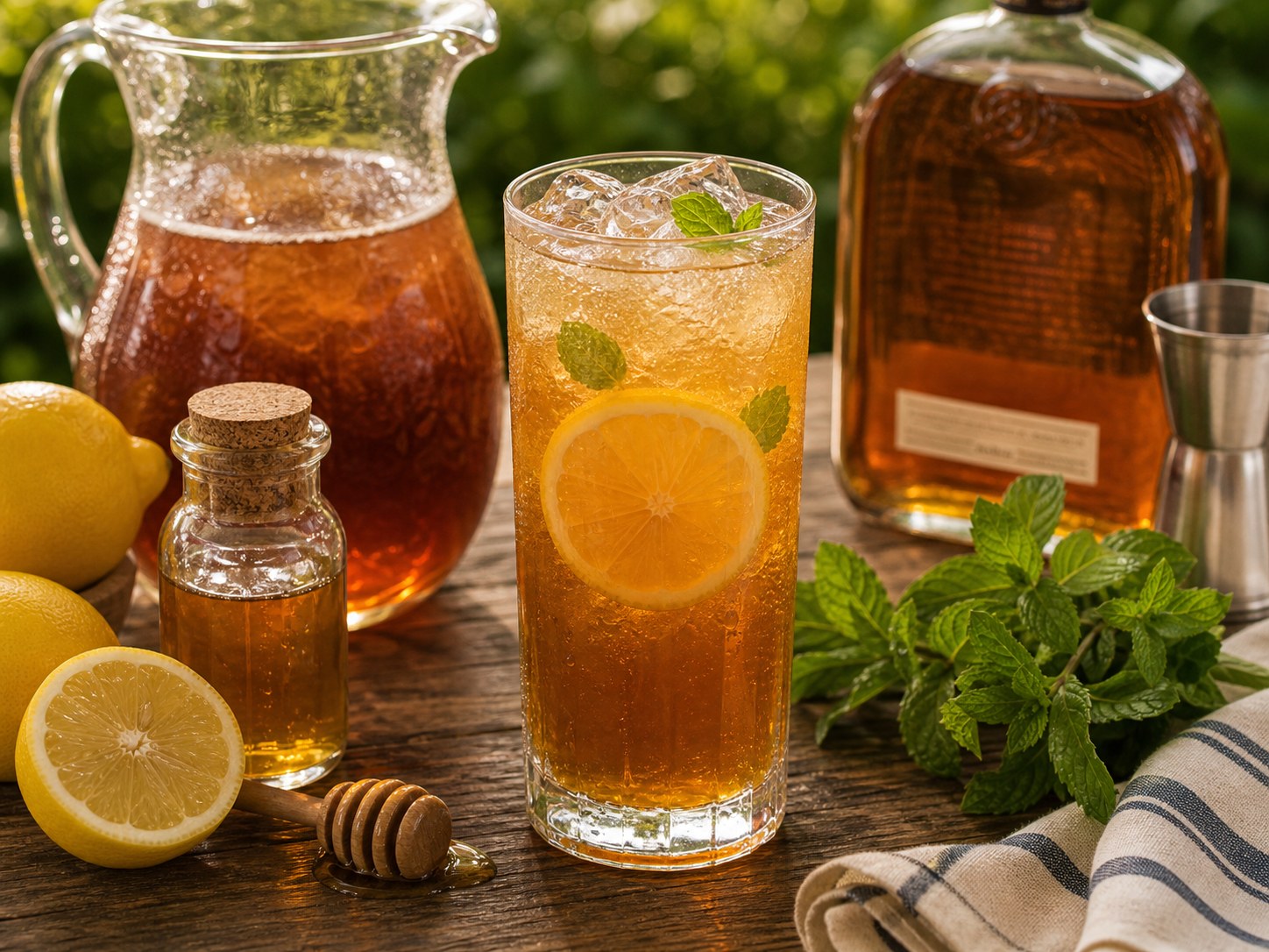 Bourbon lemonade iced tea highball in a tall glass with ice, lemon wheels, fresh mint, black tea, and bourbon on an outdoor table