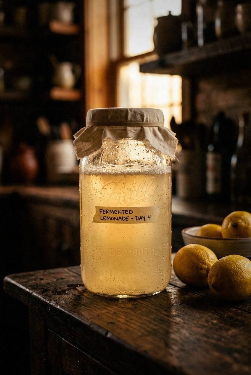 A glass jar of fermented lemonade with lemon slices and bubbles visible at the surface