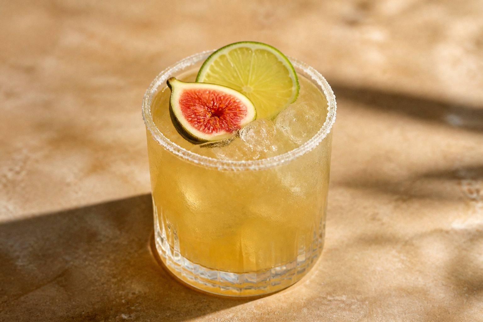 Measured ingredients for fig honey margarita including tequila, orange liqueur, lime juice, fig syrup, and honey