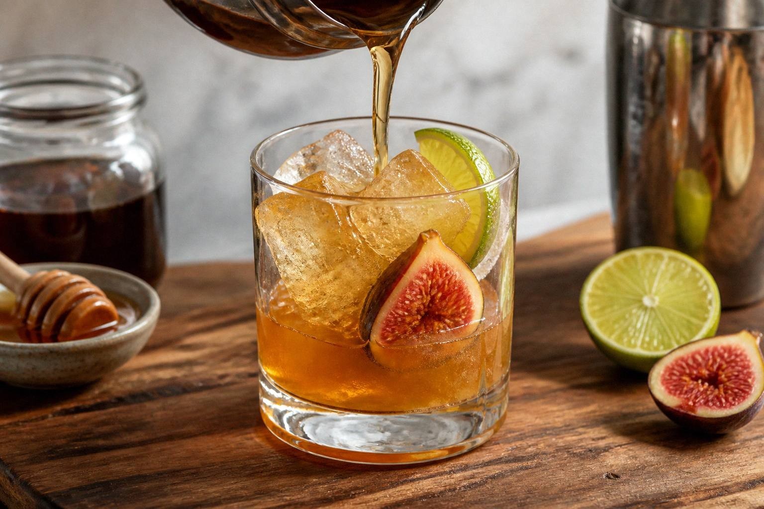 Liquid being poured into a glass to make fig honey margarita, showing the build process