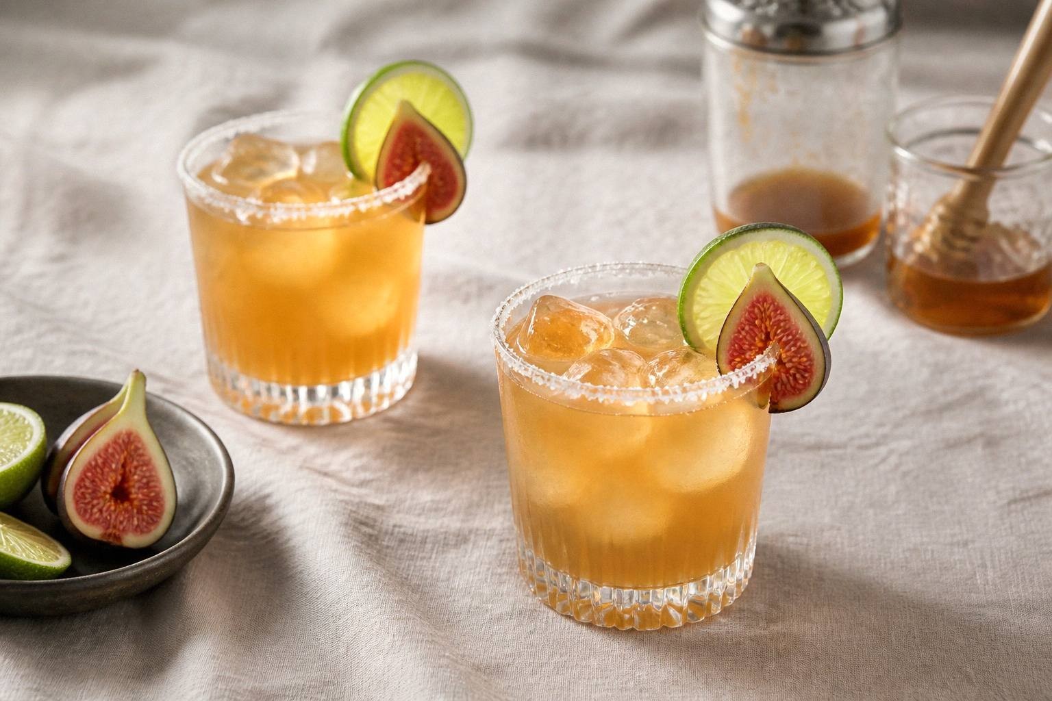 Two fig honey margaritas in glasses with caramel-colored liquid, garnished and styled for serving