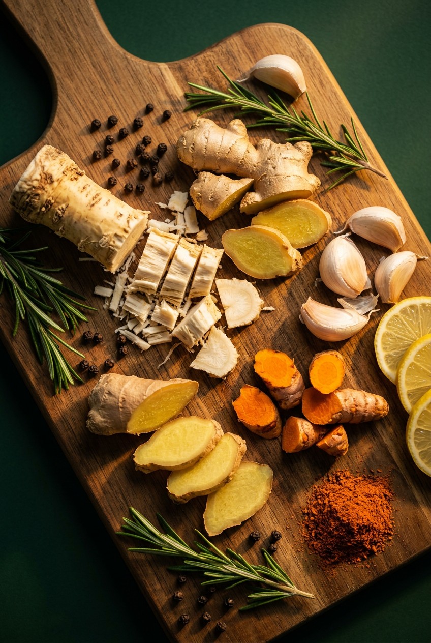 Fresh horseradish root, ginger, garlic cloves, turmeric and citrus arranged on wooden cutting board for fire cider wellness tonic recipe