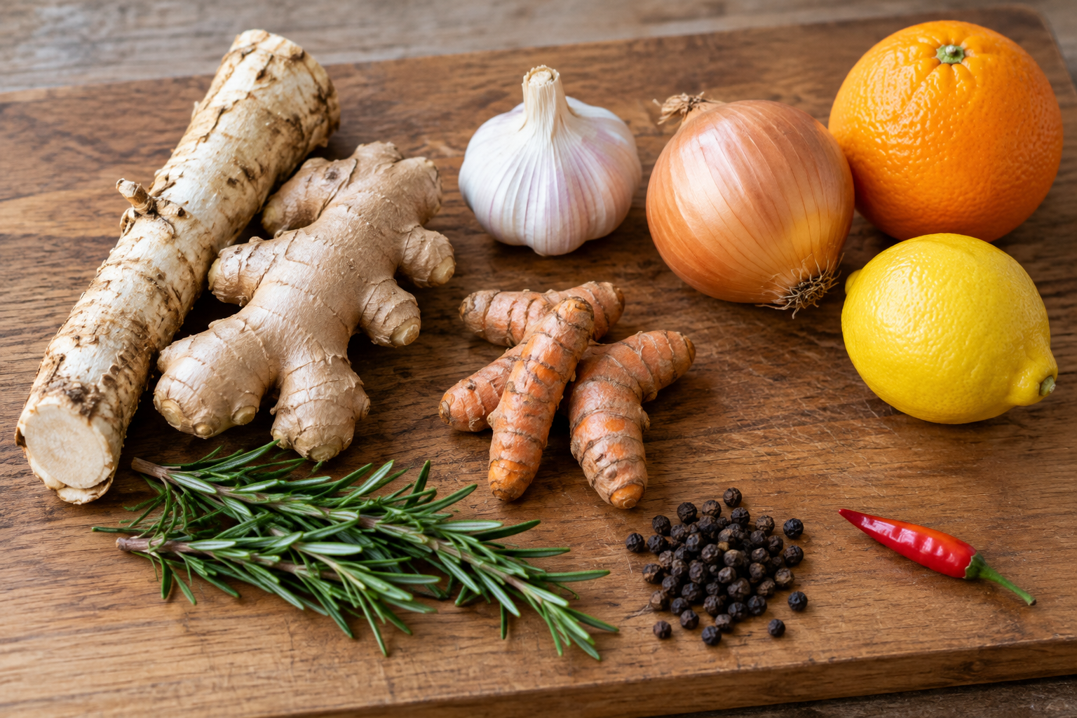 Horseradish, ginger, garlic, onion, turmeric and citrus prepared for fire cider