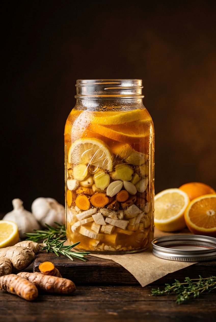 Glass jar filled with chopped horseradish, ginger, garlic and herbs covered in apple cider vinegar for homemade fire cider immune tonic