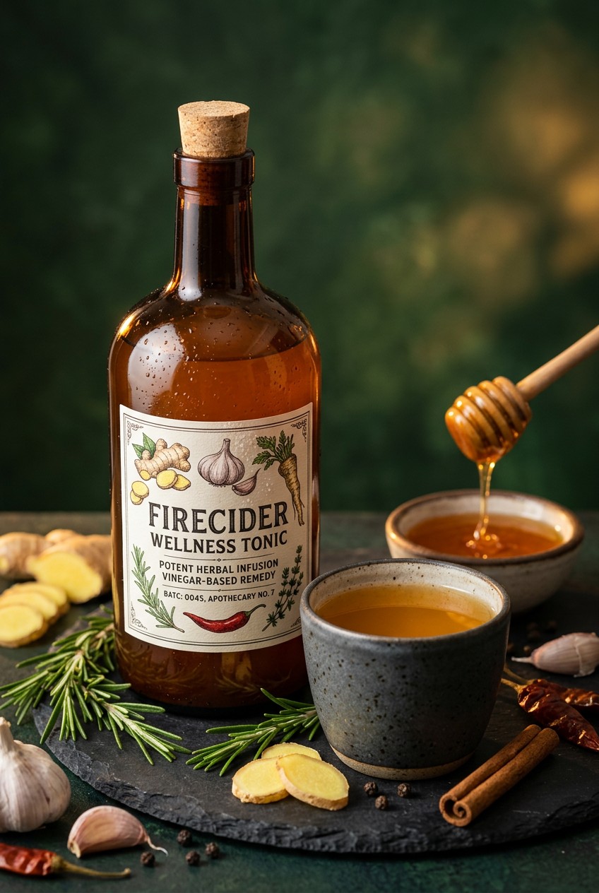 Finished fire cider wellness tonic in glass bottle with amber liquid, immune boosting herbal remedy with apple cider vinegar