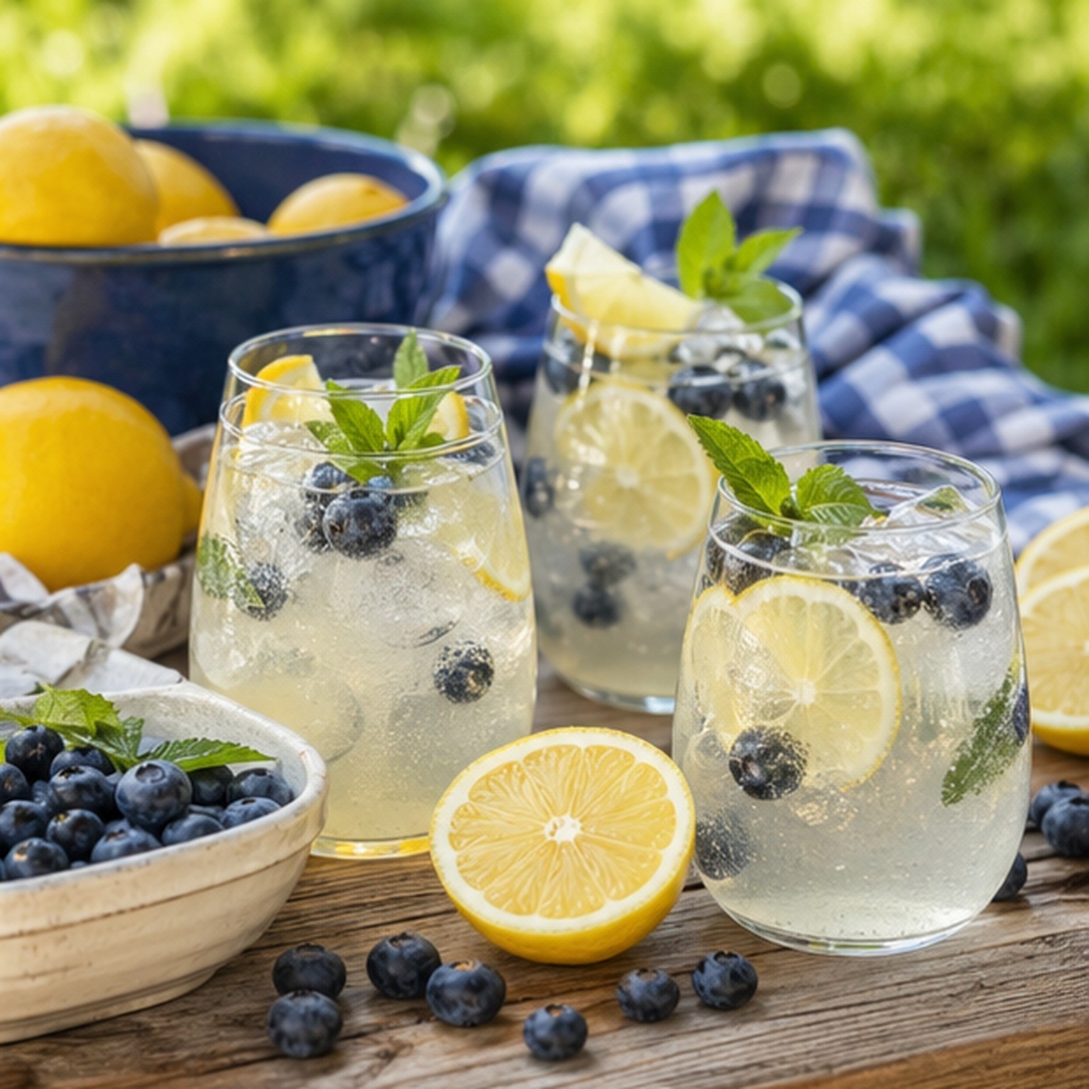 Fourth of July drink spread with berry mocktails, citrus, herbs, and glasses on an outdoor table
