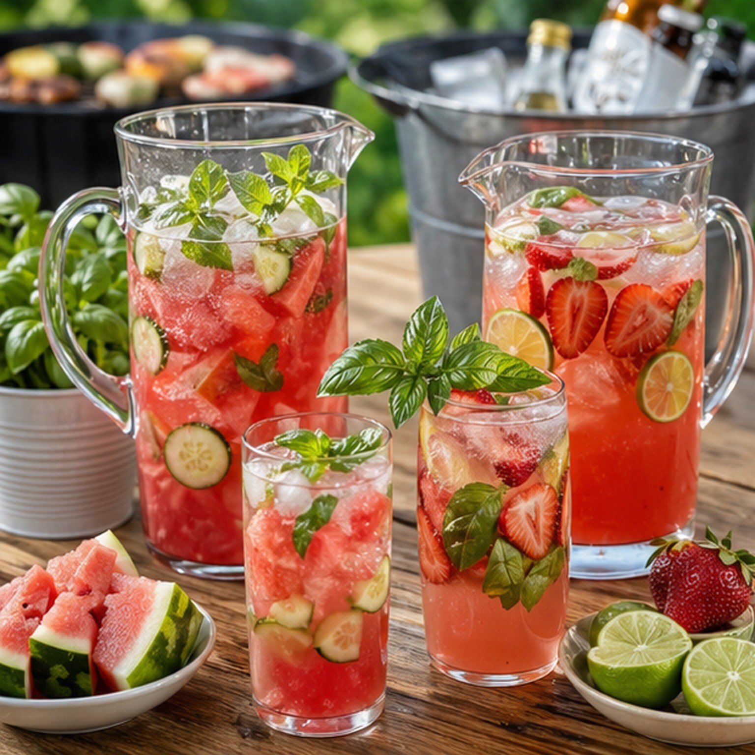 Red berry drinks, blueberry garnish, mint, and citrus on a picnic table for Fourth of July