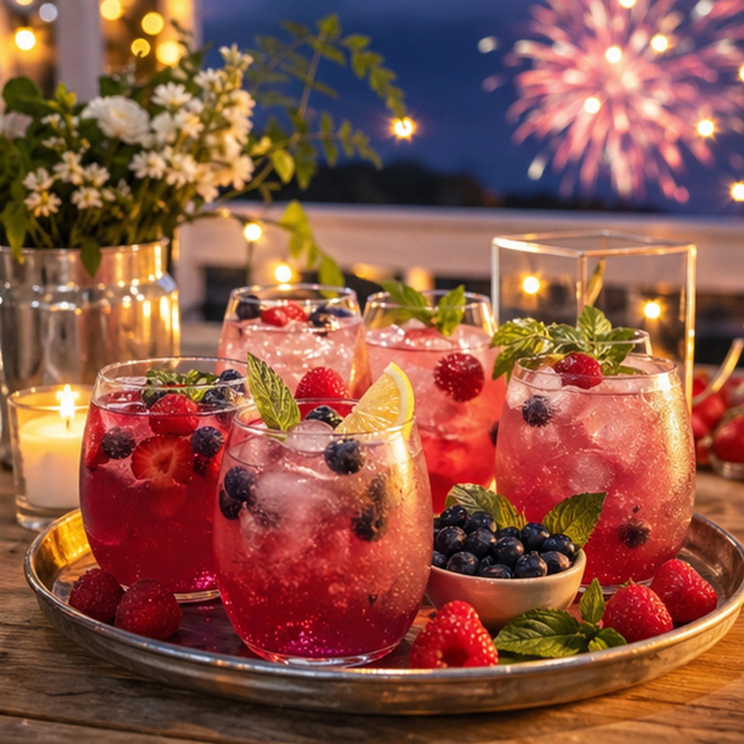 Pitchers and glasses of red and blue summer drinks with berries and herbs for a Fourth of July cookout