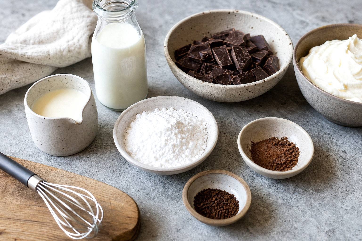 ingredients for french hot chocolate including whole milk, heavy cream, powdered sugar, espresso powder, and chopped bittersweet chocolate