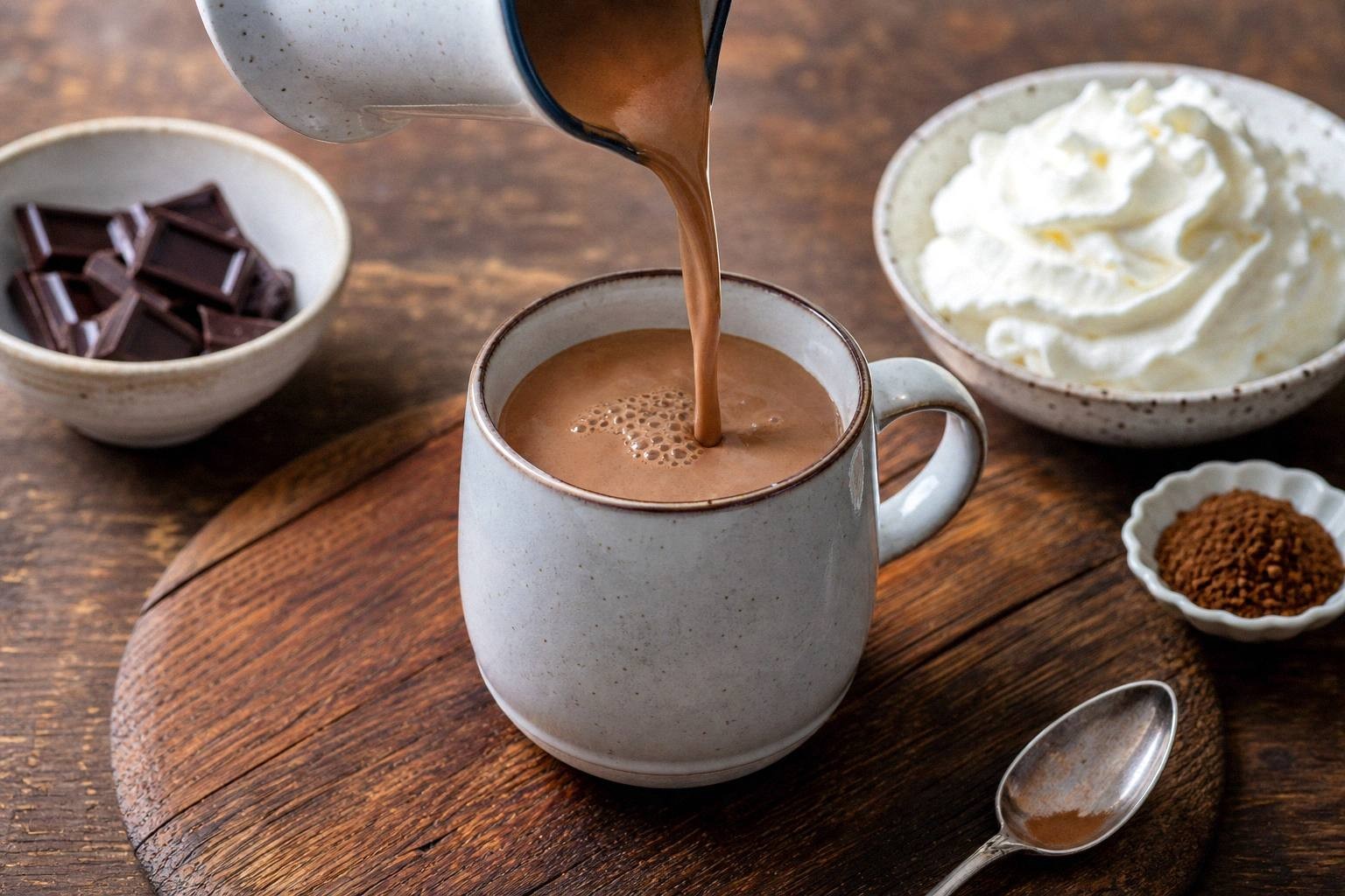 pouring french hot chocolate into a mug, showing the thick, flowing consistency of the drink
