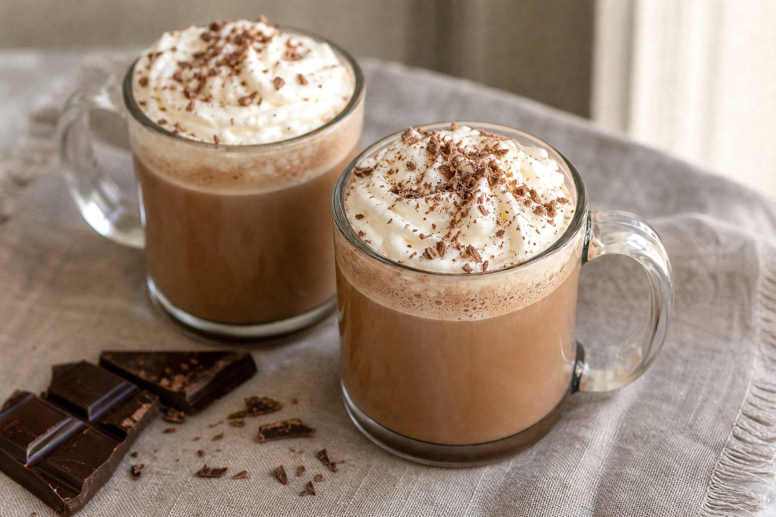 two servings of french hot chocolate with whipped cream, styled on a table setting