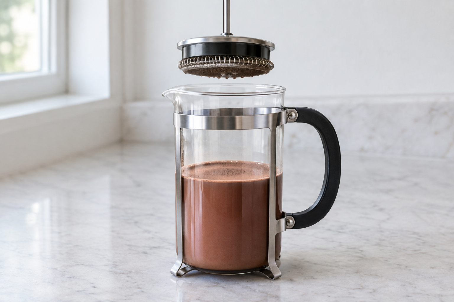 French press holding chocolate and hot milk before frothing