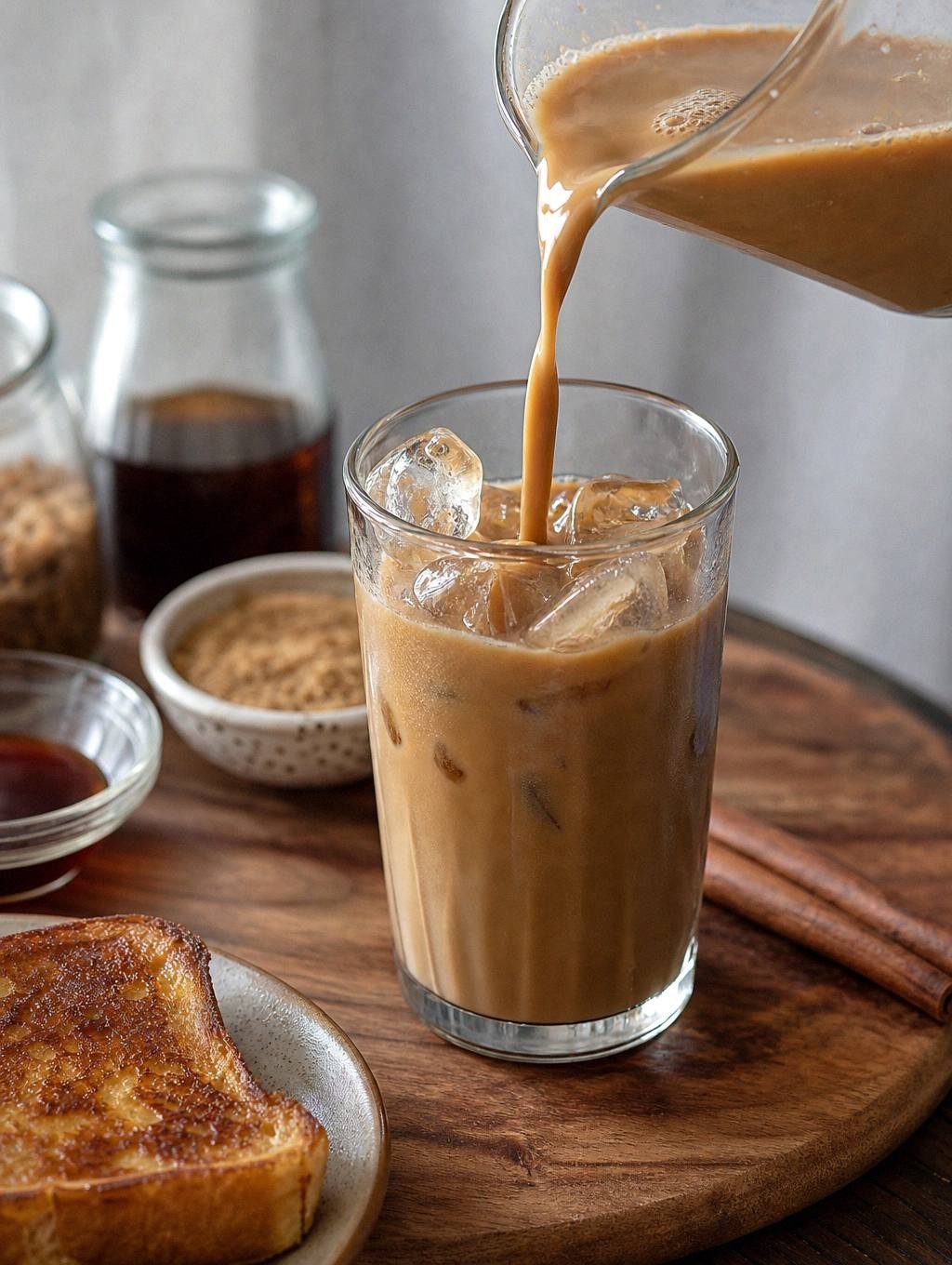 espresso being poured over ice and milk in a glass to build a french toast iced latte