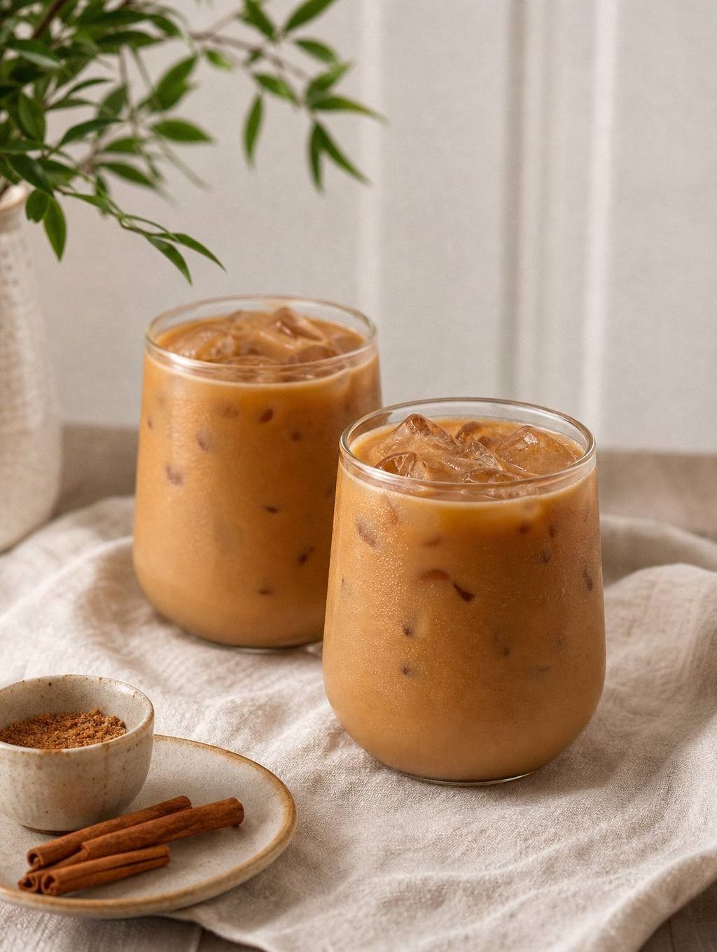 two french toast iced lattes in tall glasses with cold foam, styled on a table with spoons