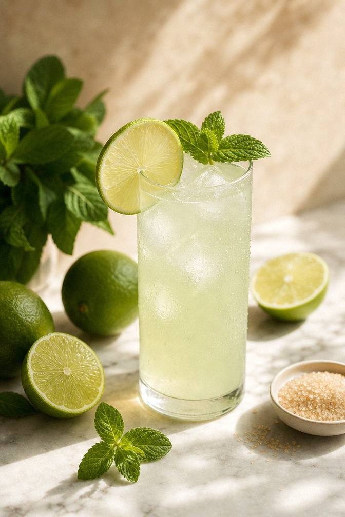 A bunch of fresh mint, halved limes, and a small pot of simple syrup on a pale surface for making fresh mint limeade
