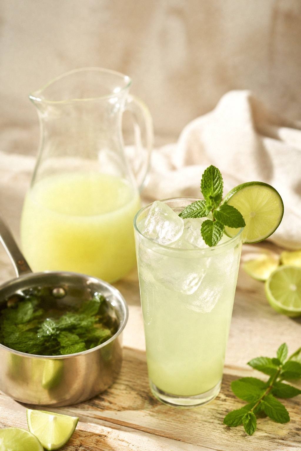 Fresh mint leaves steeping in warm simple syrup beside a pitcher of fresh lime juice for a cooling mint limeade