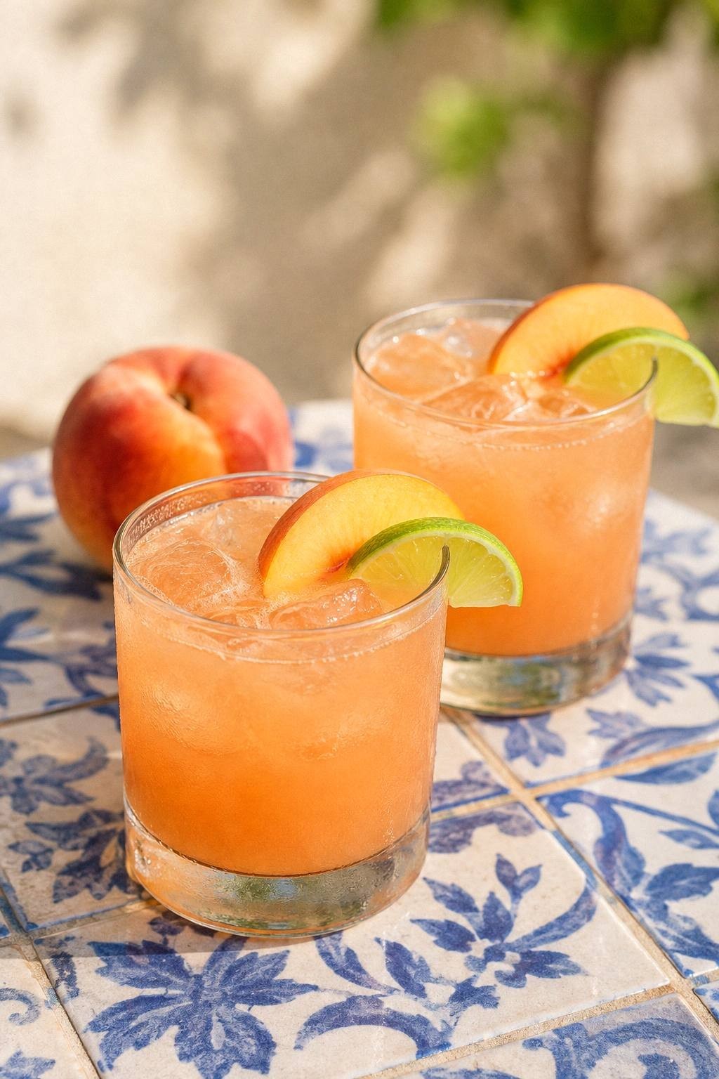 Two fresh peach margaritas in rocks glasses with ripe peach slices and lime on a quiet summer table