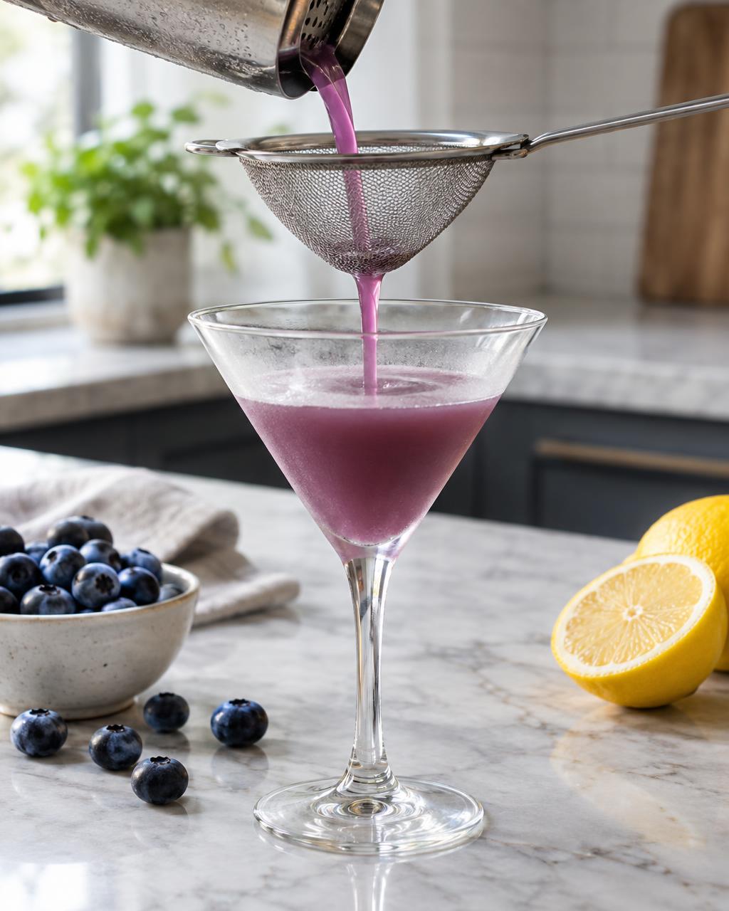 Fine-straining a blueberry martini into a chilled glass