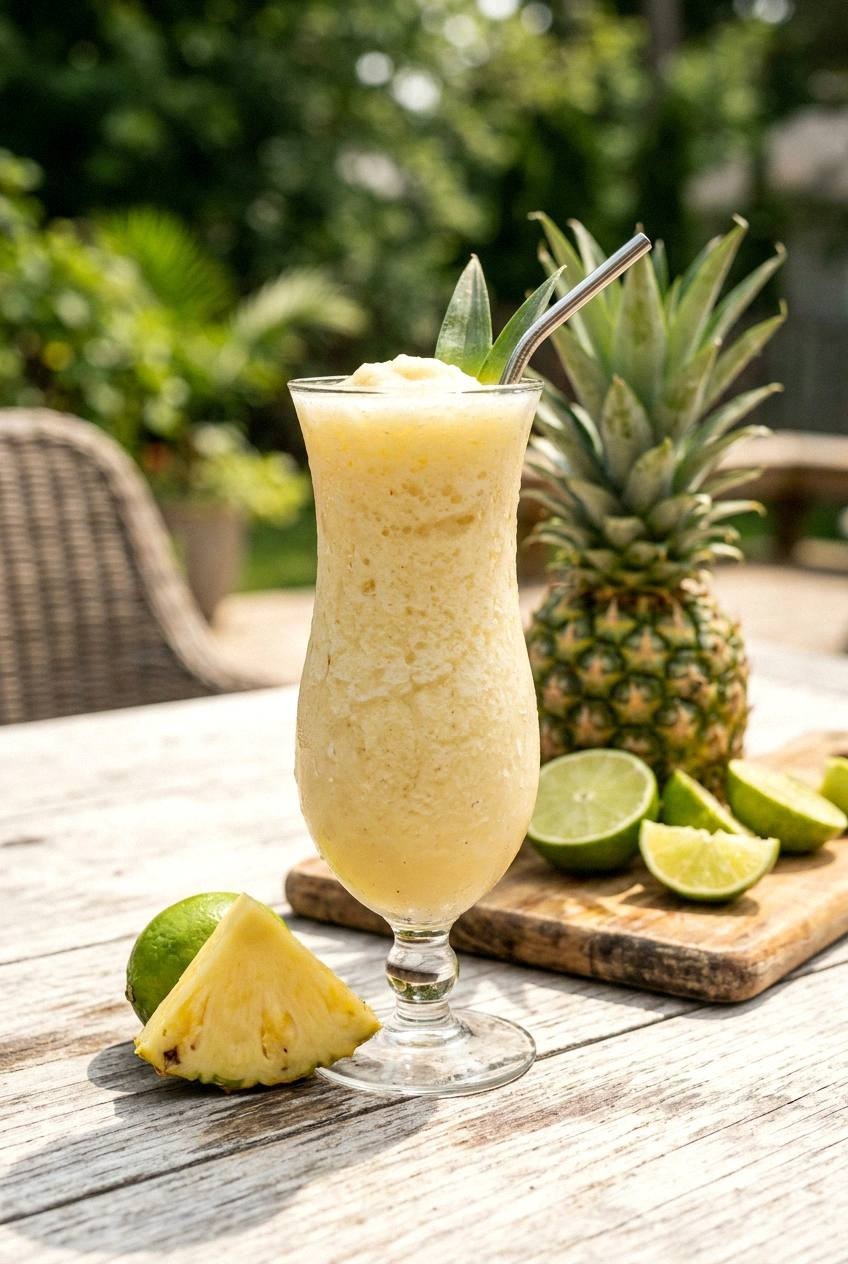 A frozen pineapple coconut mocktail in a hurricane glass on a sunlit patio table with a fresh pineapple wedge perched on the rim and a lime cheek beside it