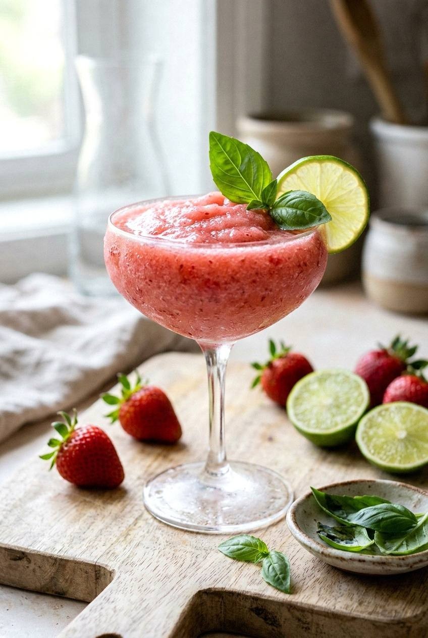 A pink strawberry basil lime frozen mocktail in a chilled coupe glass on a wooden cutting board, with a single fresh basil leaf and a thin lime wheel garnish, fresh strawberries scattered beside the glass