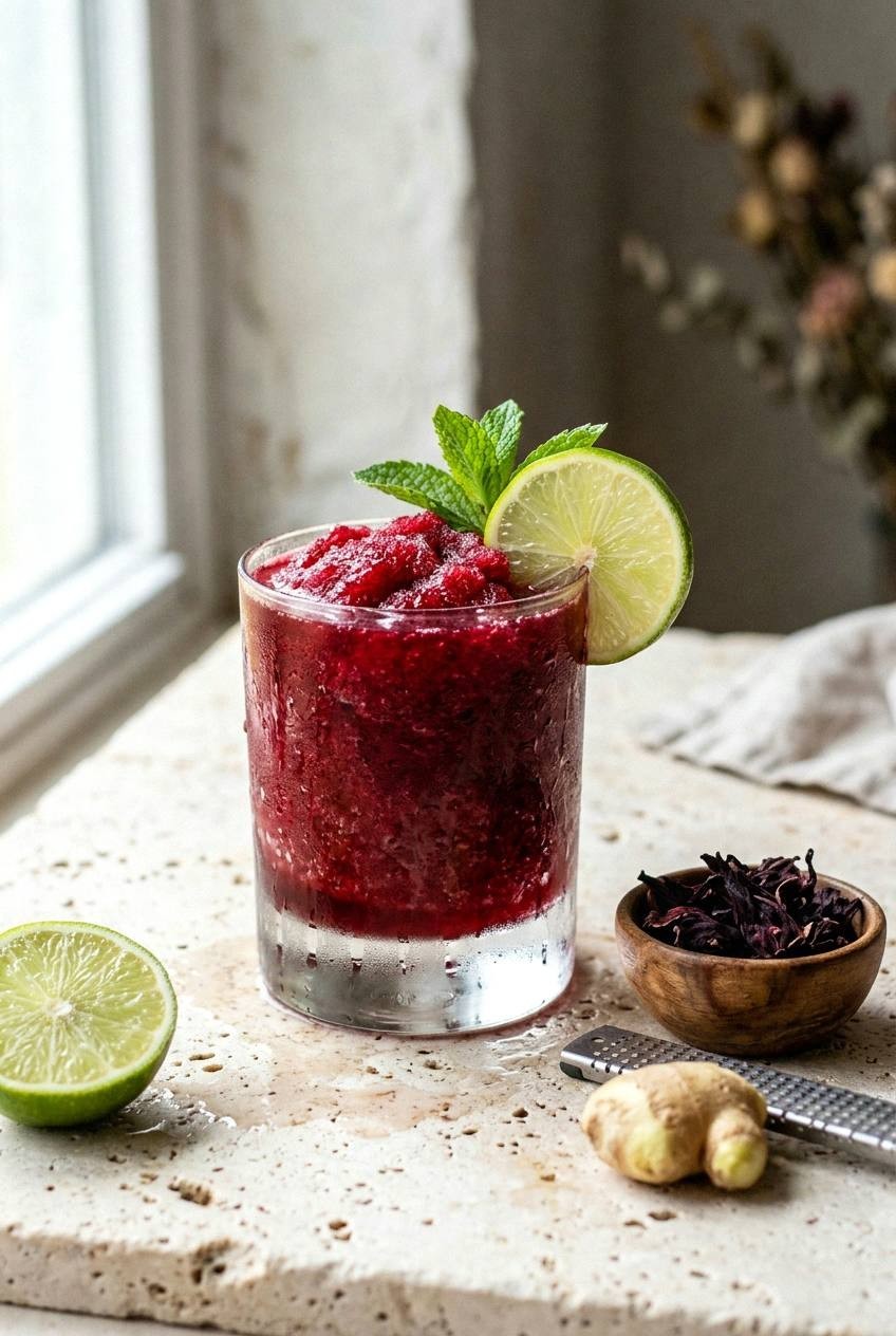 A deep ruby red frozen hibiscus ginger slushy in a chilled rocks glass with a thin slice of fresh ginger and a lime wheel on the rim, set on a slate tile with a small pile of dried hibiscus flowers and a knob of fresh ginger beside it