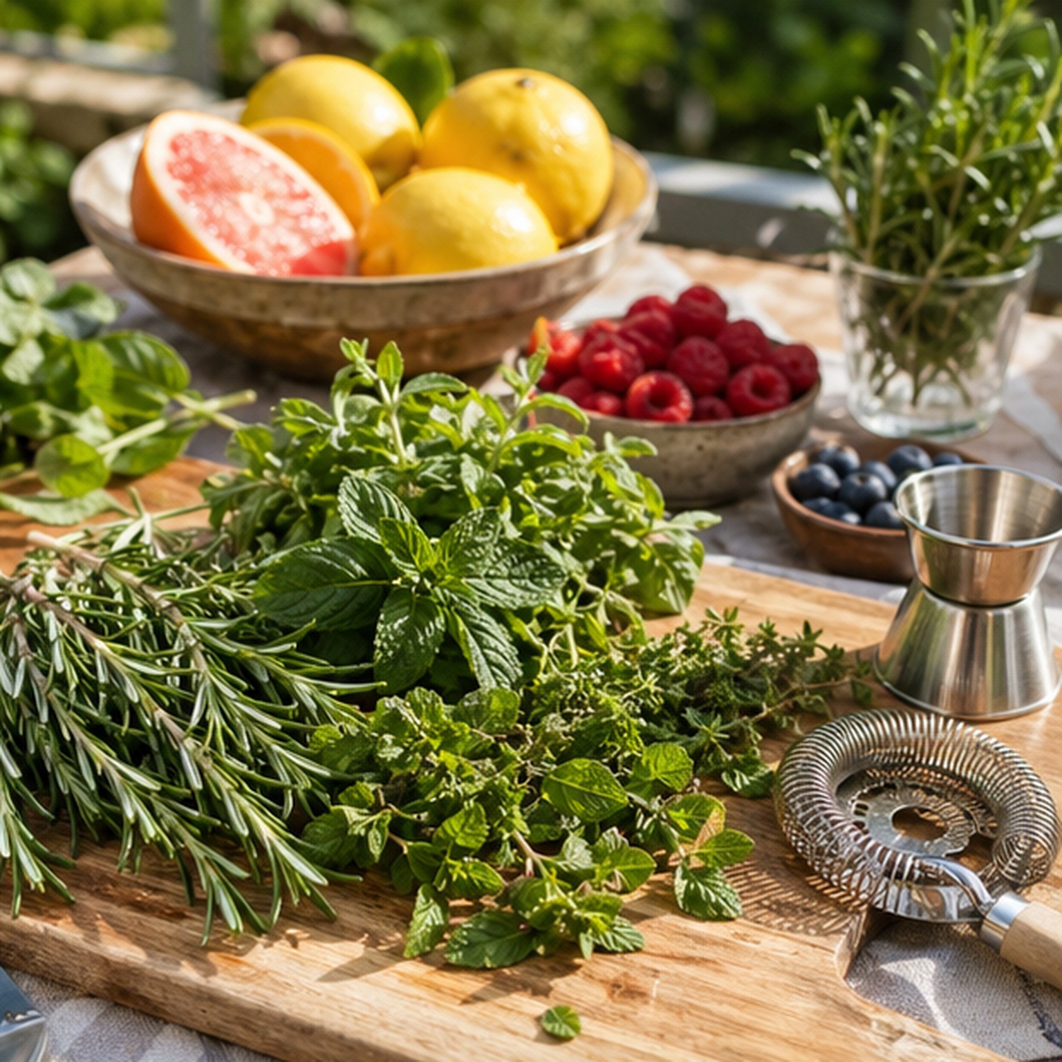Fresh cocktail herbs growing in pots with citrus and bar tools on a sunny garden table