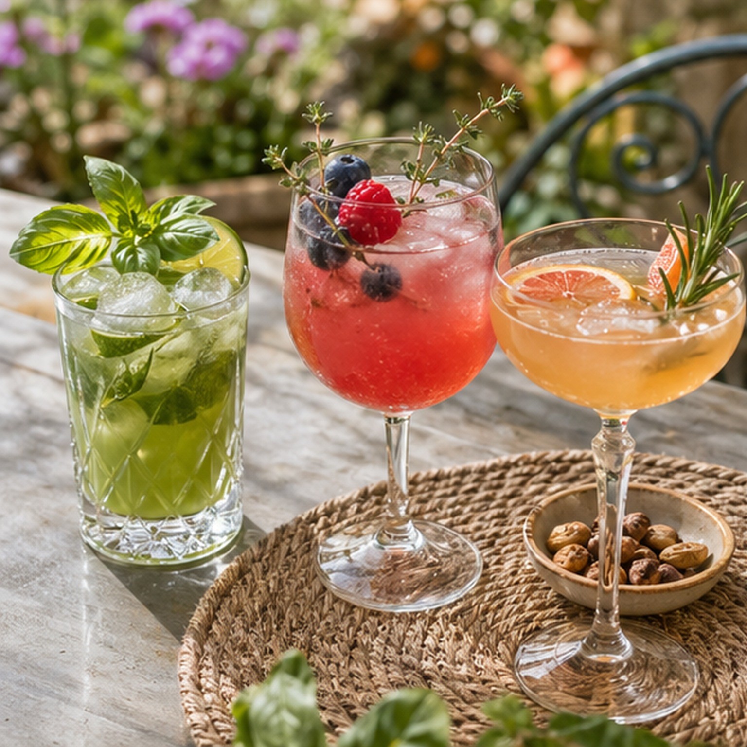 Harvested basil, thyme, mint, rosemary, and lemon balm on a cutting board for garden cocktails