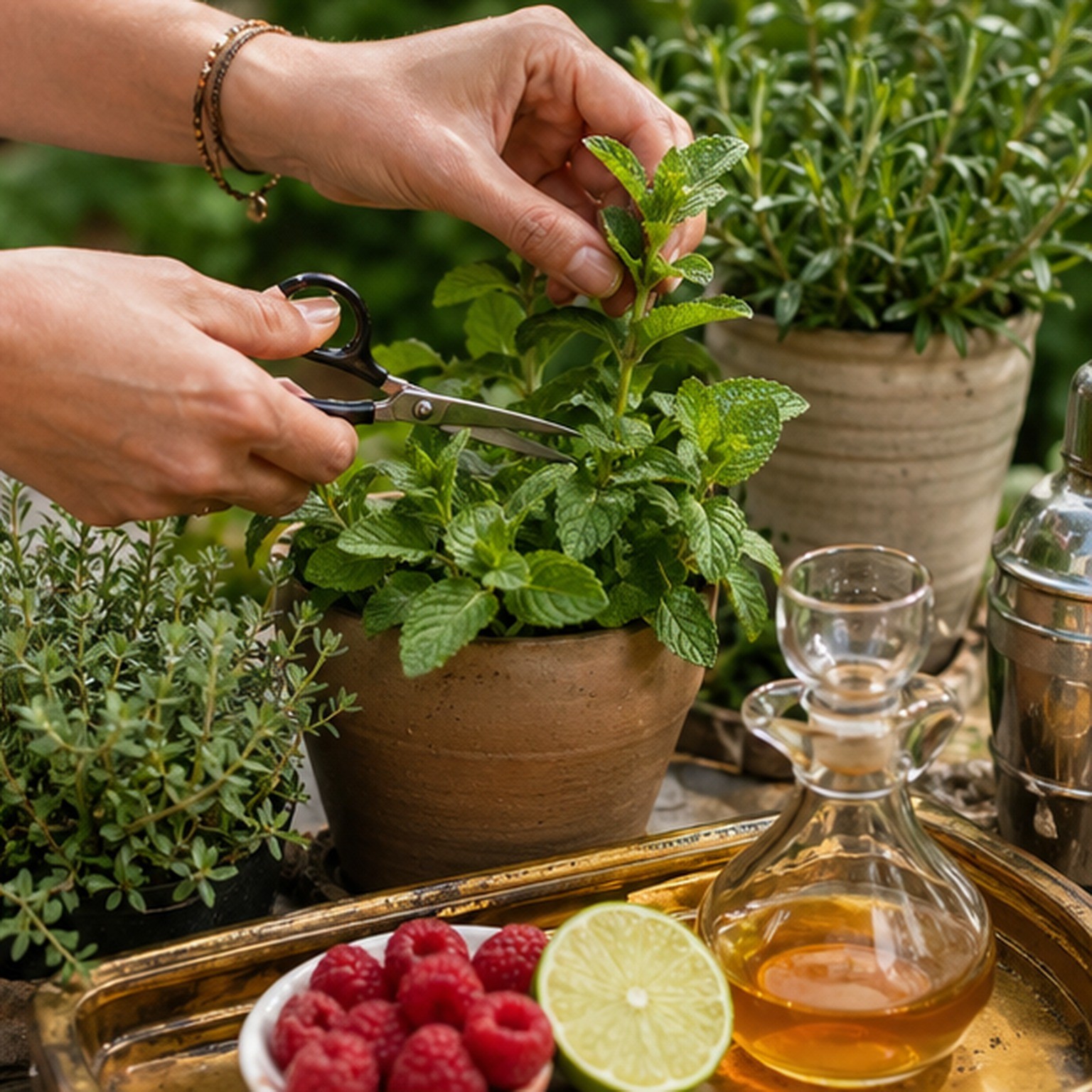 Garden cocktail glasses with fresh herb garnishes, citrus, and a notebook on an outdoor potting bench