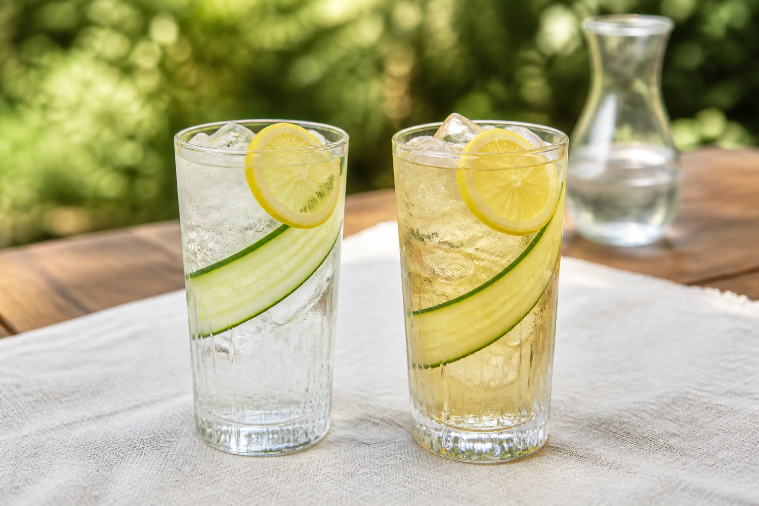 garden Collins cocktail and equal zero-proof cucumber mint highball side by side on linen outdoors