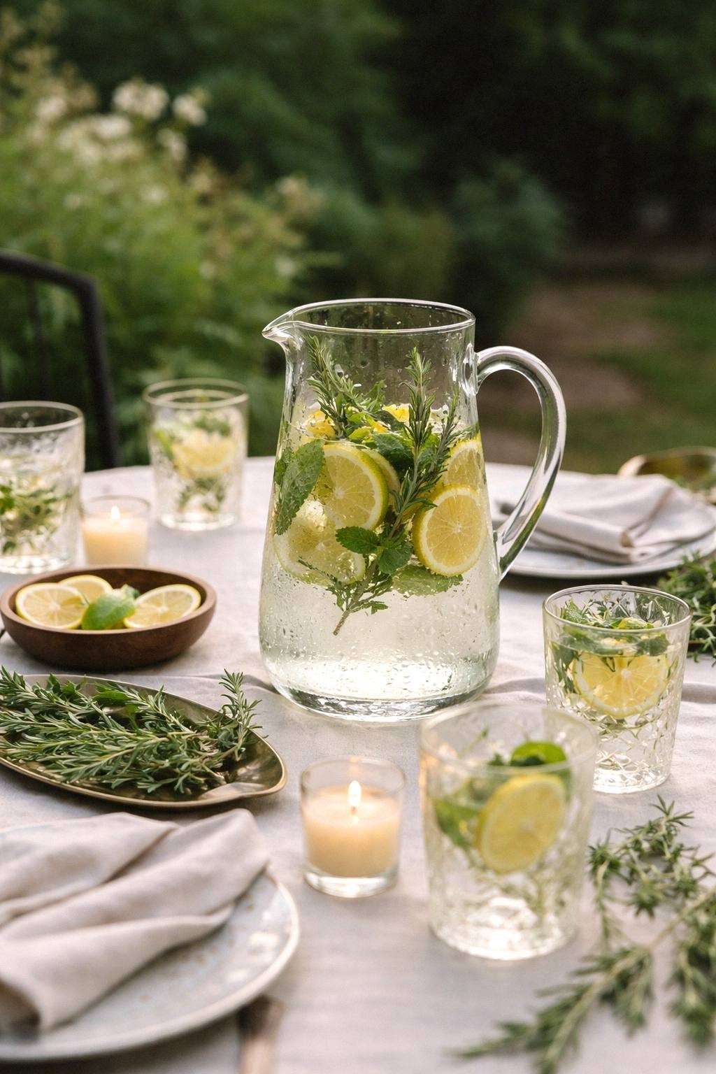 garden party table built around a pitcher drink with vintage glasses herbs citrus linen napkins candles and small garnish tray