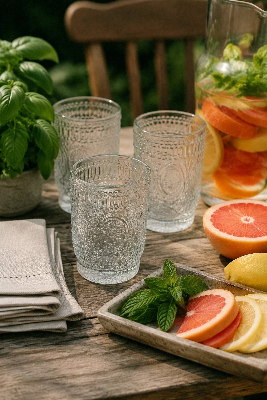 close-up garden party drink table with pressed glass tumblers citrus herbs candles linen and a pitcher drink