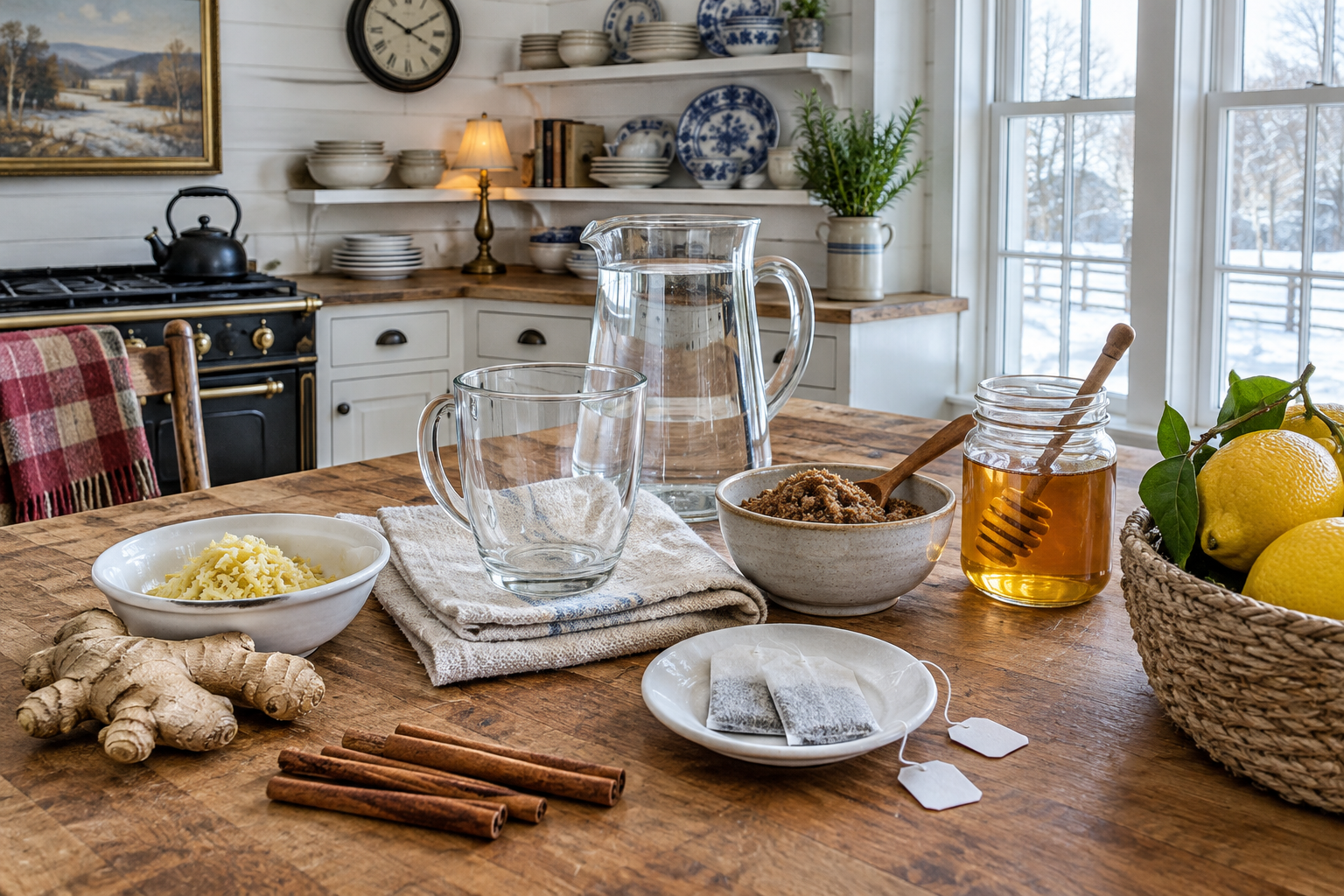 ingredients for ginger lemon honey tea including grated ginger root, brown sugar, tea bags, lemons, and honey jar