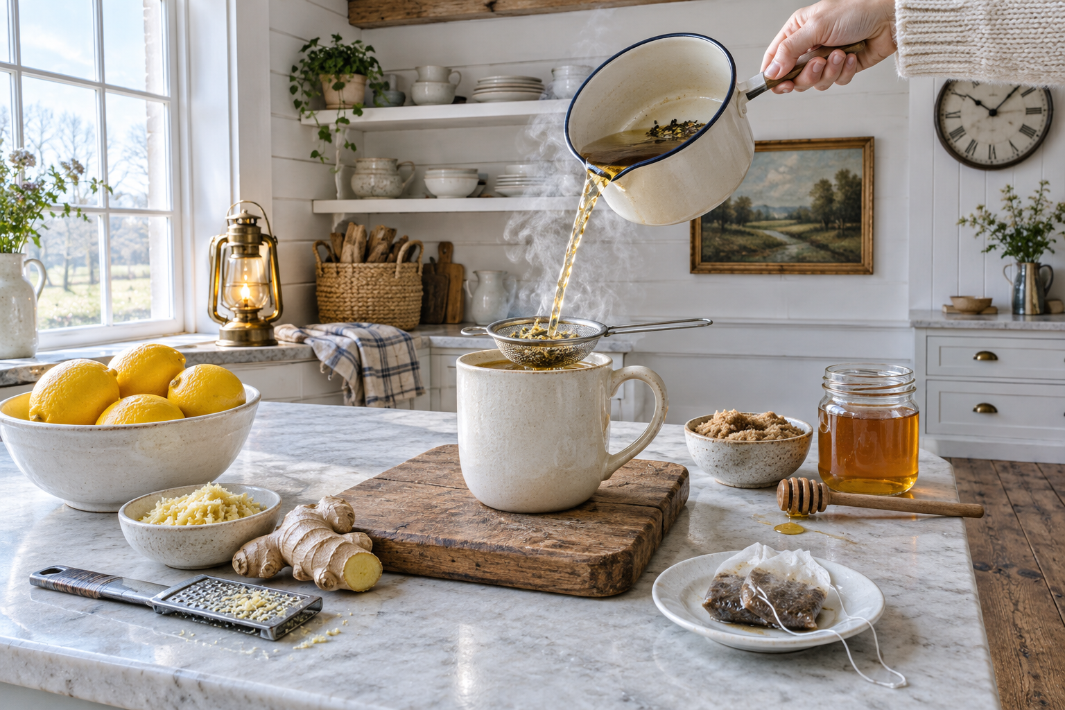 pouring hot ginger lemon honey tea from saucepan into a clear glass mug