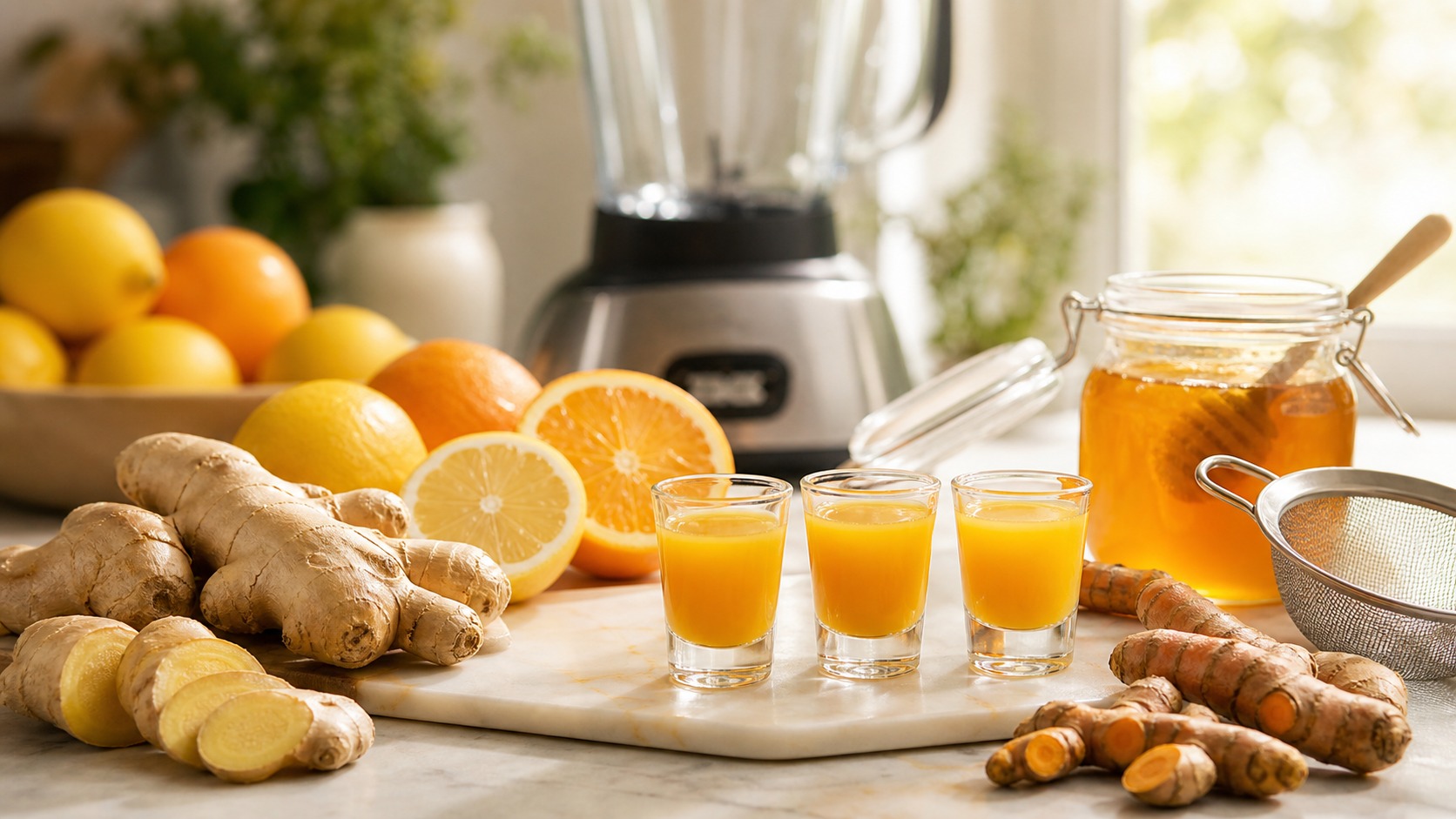 Fresh ginger, lemon, orange, turmeric, and small clean wellness shot glasses on a bright kitchen counter