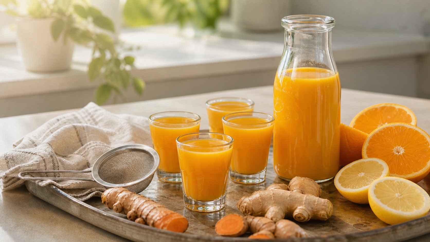 Golden ginger turmeric shots in small glasses with ginger root, citrus halves, and a clean bottle beside them