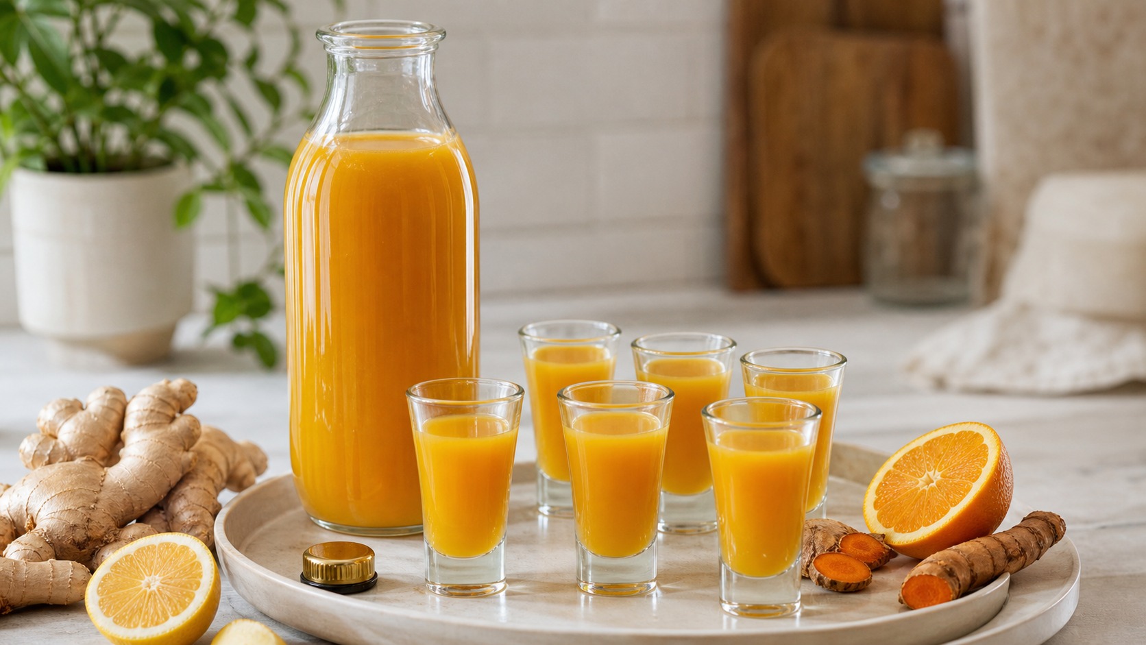 A bottle of homemade ginger shots with six small glasses arranged on a clean kitchen tray
