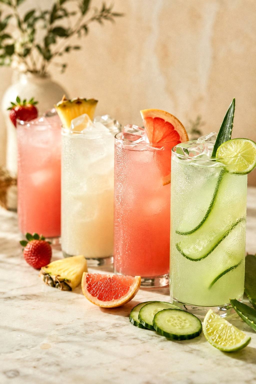 Pale green cucumber aloe cooler in a tall glass with cucumber ribbons and lime on a bright surface