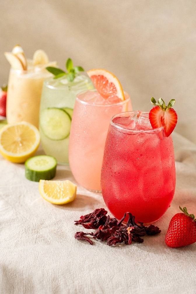 Ruby pink strawberry hibiscus cooler in a glass with fresh strawberries and hibiscus on a bright surface