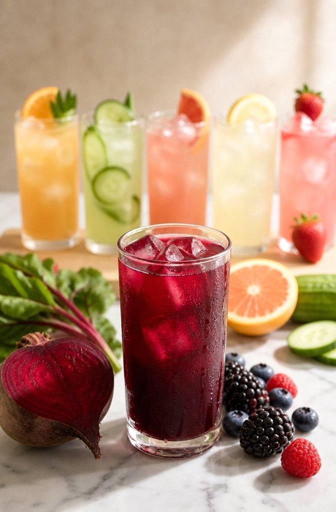 Deep crimson beet berry juice in a glass with beets and berries on a bright surface